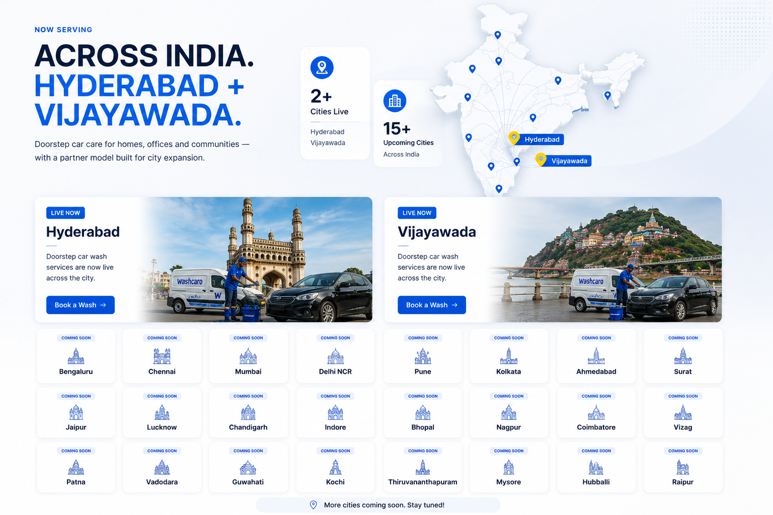 Washcaro India expansion map showing Hyderabad, Vijayawada and upcoming cities