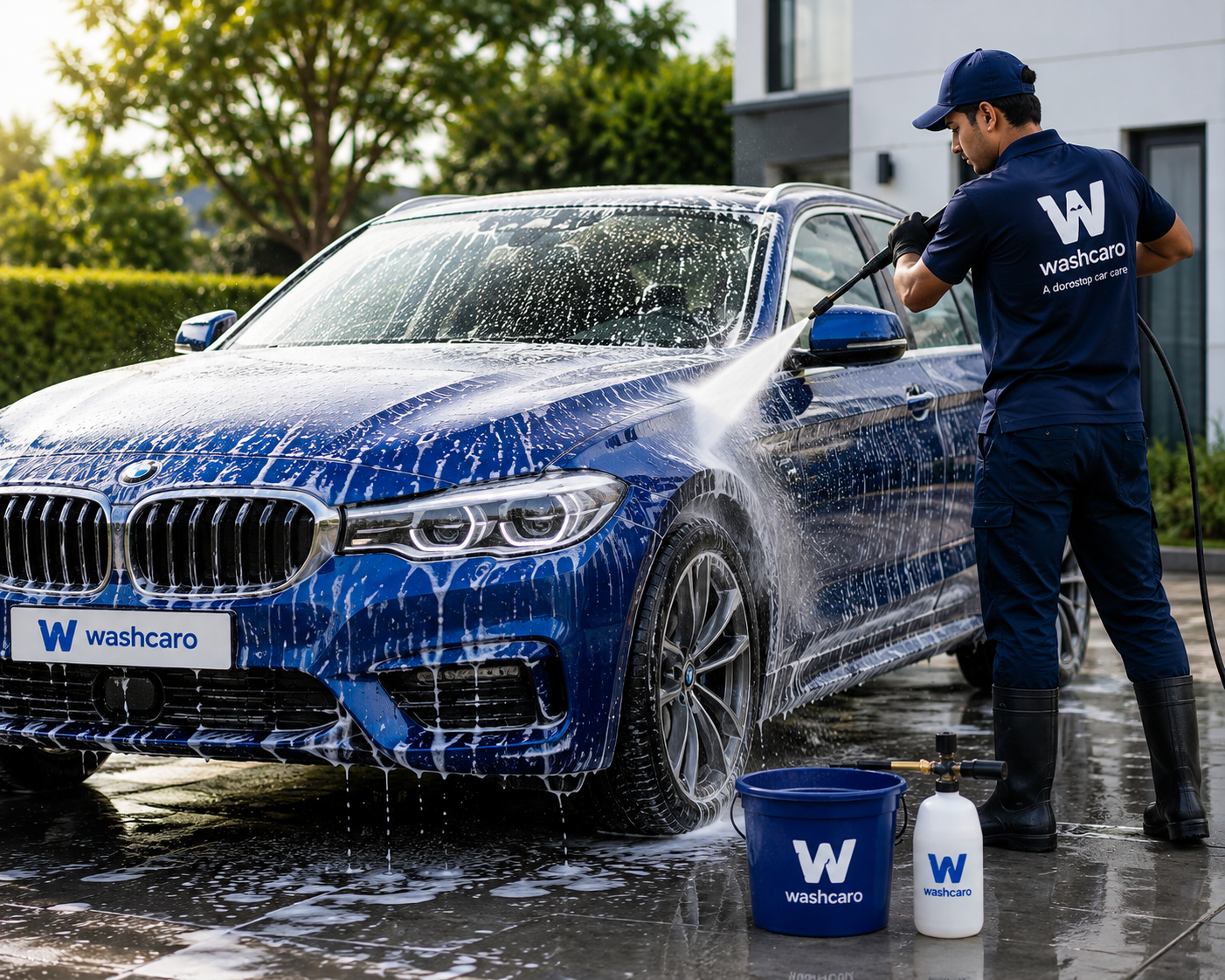 Washcaro professional performing an exterior car wash at the customer's doorstep